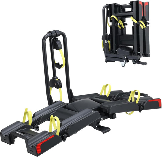 2 E-Bike Foldable Hitch Mount Bike Rack with Light for 2" Receiver SUV & Trucks, Up to 4'' Fat Tire, Lockable Hitch Racks for E-Bike with Ramp and Wheels, 180 LBS Capacity