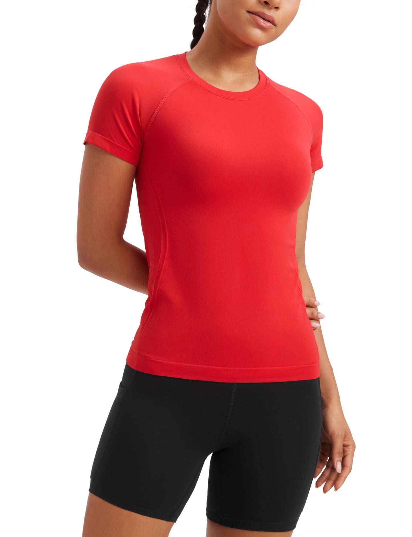 CRZ YOGA Seamless Workout Tops for Women Hip Length - Athletic Running Gym Yoga Short Sleeve Shirts Breathable Crewneck Tees Deep Red XX-Small