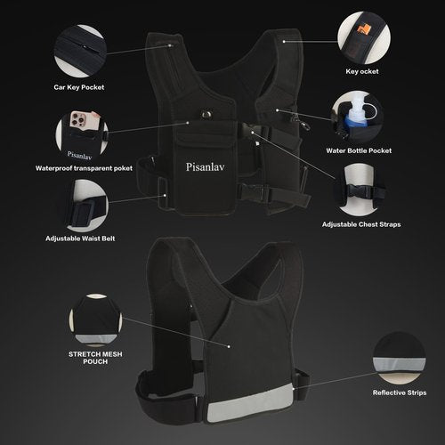Waterproof Reflective Running Vest for 65kg+ with 500ml Hydration Bottle & Adjustable Phone Holder – Lightweight Chest/Waist Straps for Hands-Free Running, Hiking, Fitness, Climbing