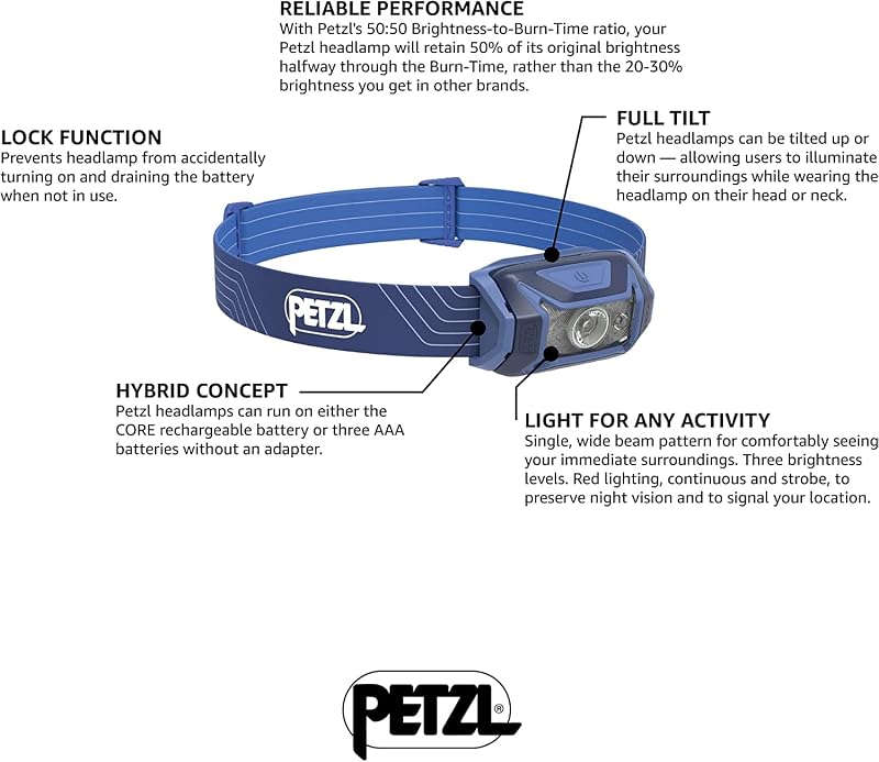 Petzl Tikka Headlamp Blue - 350 Lumen, Red Light, Hybrid Concept (Includes 3x AAA)