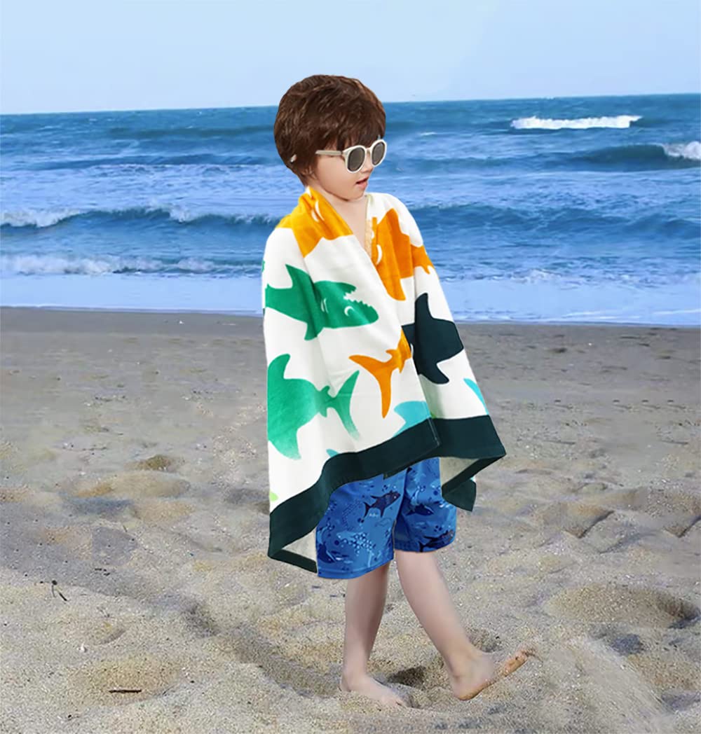 YIFONTIN Kids Beach Towel Super Soft Absorbent Cotton Velour Terry Blanket Throw 24"X48" for Bath Travel Camping Picnic Swimming Pool, Shark Group.