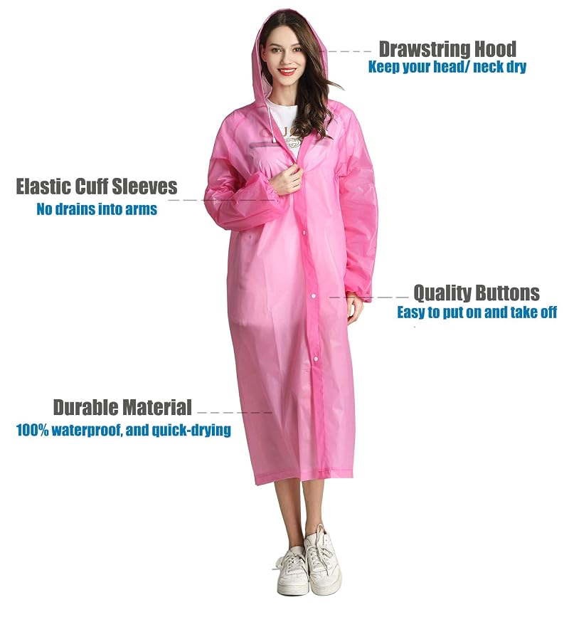 HLKZONE Rain Ponchos for Adults 2 Pack - Packable Rain Coat with Drawstring Hood, J-Blue+Pink, One Size