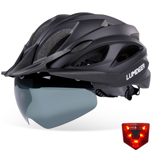 Bike Helmet with Goggles, Visor, Rear Light for Adult Men Women - CPSC, CE Bicycle Helmet Lightweight & Adjustable &Chin Pad, Cycling Helmet for All Purpose Bike, Suggested Fit 58-62cm(Matte Black)