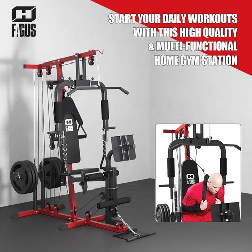 FAGUS H Home Gym Workout Station, All in One Home Gym System with Leg Extension, Leg Press and Full Body Exercise Accessories, Multi-Function Adjustable Plate Loaded Strength Training Machine, Red