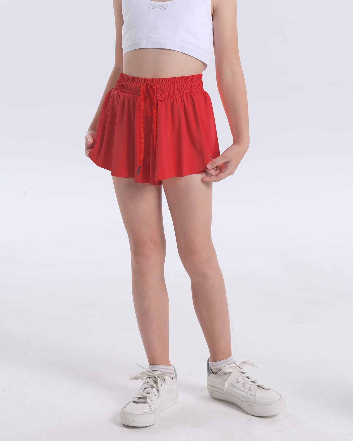 KEREDA Girls Flowy Shorts,Butterfly Shorts for Teen Girls with Spandex Liner 2-in-1 for Running,Gym,Athletic,Workout 1 Pack 9-10Y (Red)