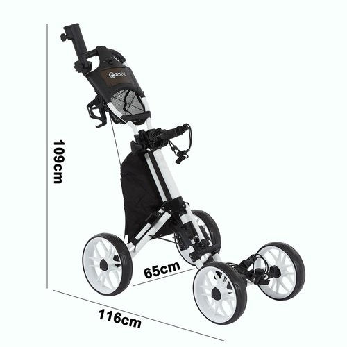 Louis Donne Premium 4-Wheel Golf Cart 1 Click-Folding Golf Trolley Compact Pull Caddy Cart Durable and Mobile Lightweight carring Cart Bags Includes Ice Bag gorf Course resoorts Neighborhood use