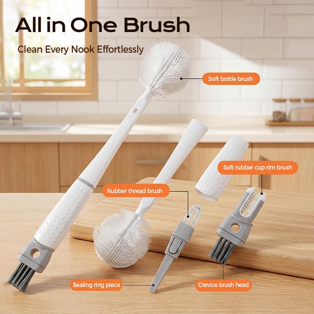 Water Bottle Cleaner Brush Compatible, 360° Flexible Silicone Bottle Brush with Long Handle,3 in 1 Brush Cleaner Kit for Narrow Neck Water Baby Bottles, Flasks Soft Bottle Brush (Grey, 1Pcs)