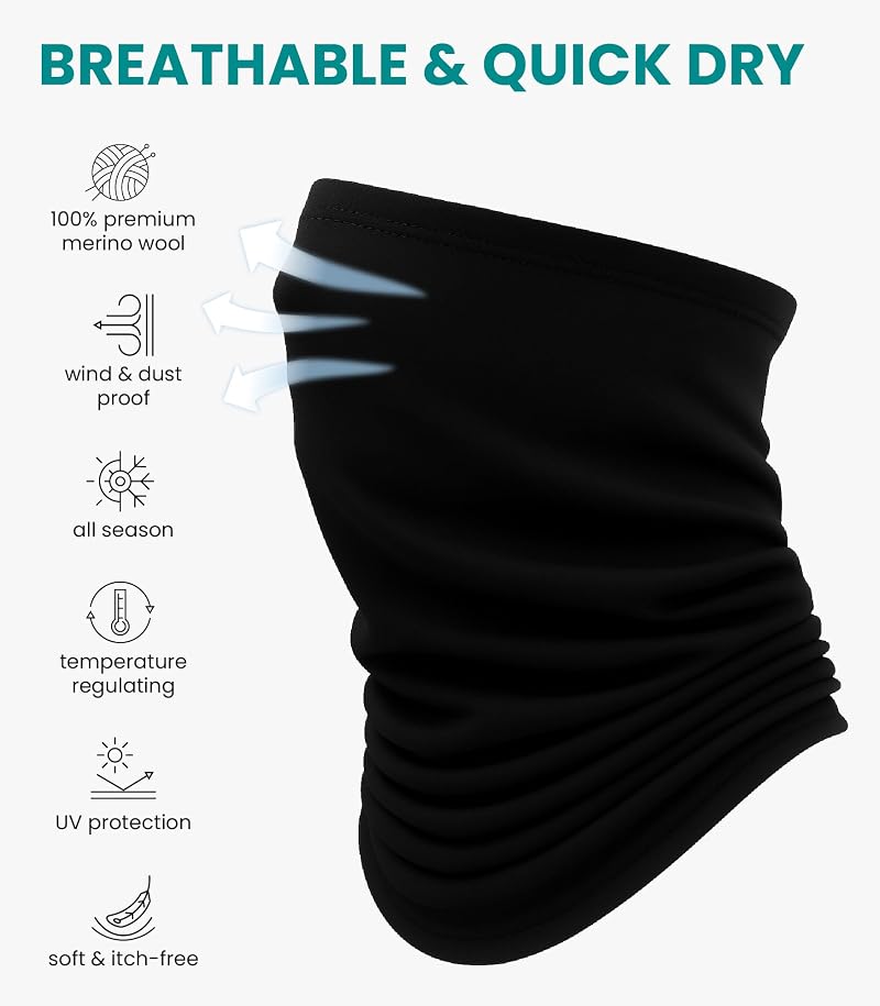 Merino 100% Wool Neck Gaiter Face Mask, 17.5µm, Unisex, 2 Pack - Black