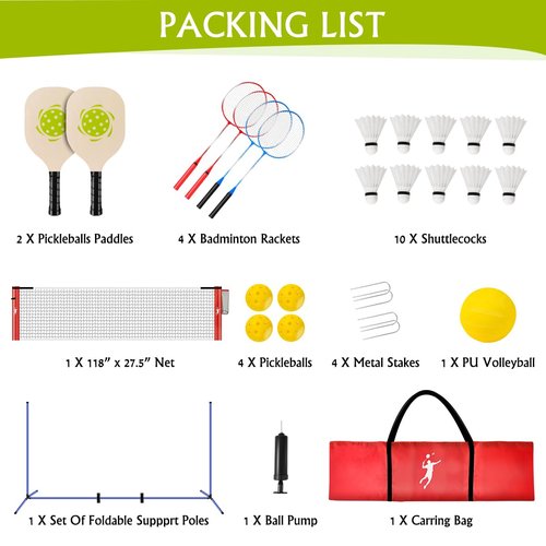 KIKILIVE Pickleball Badminton Net Set for Backyards, All-in-One Portable Volleyball Combo Set with Adjustable Net, Volleyball Pickleball Paddles & Badminton Rackets for Indoor Outdoor