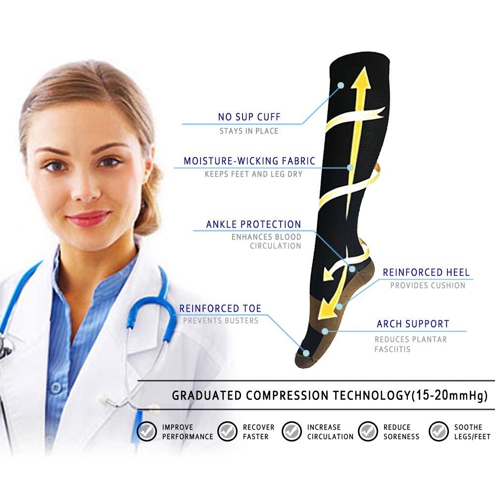 Graduated Copper Compression Socks 6 Pairs Knee High Socks for Men Women Pain Ache Relief Stockings 15-20 mmHg (XXL, Black)