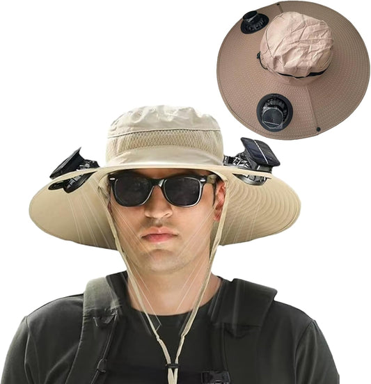 2025 Latest Model Hat with Fans Solar Power, Wide Brim Solar Fan Hats for Men and Women, USB & Solar Powered, UPF 50+ Fishing Hats (US, Alpha, One Size, Beige)