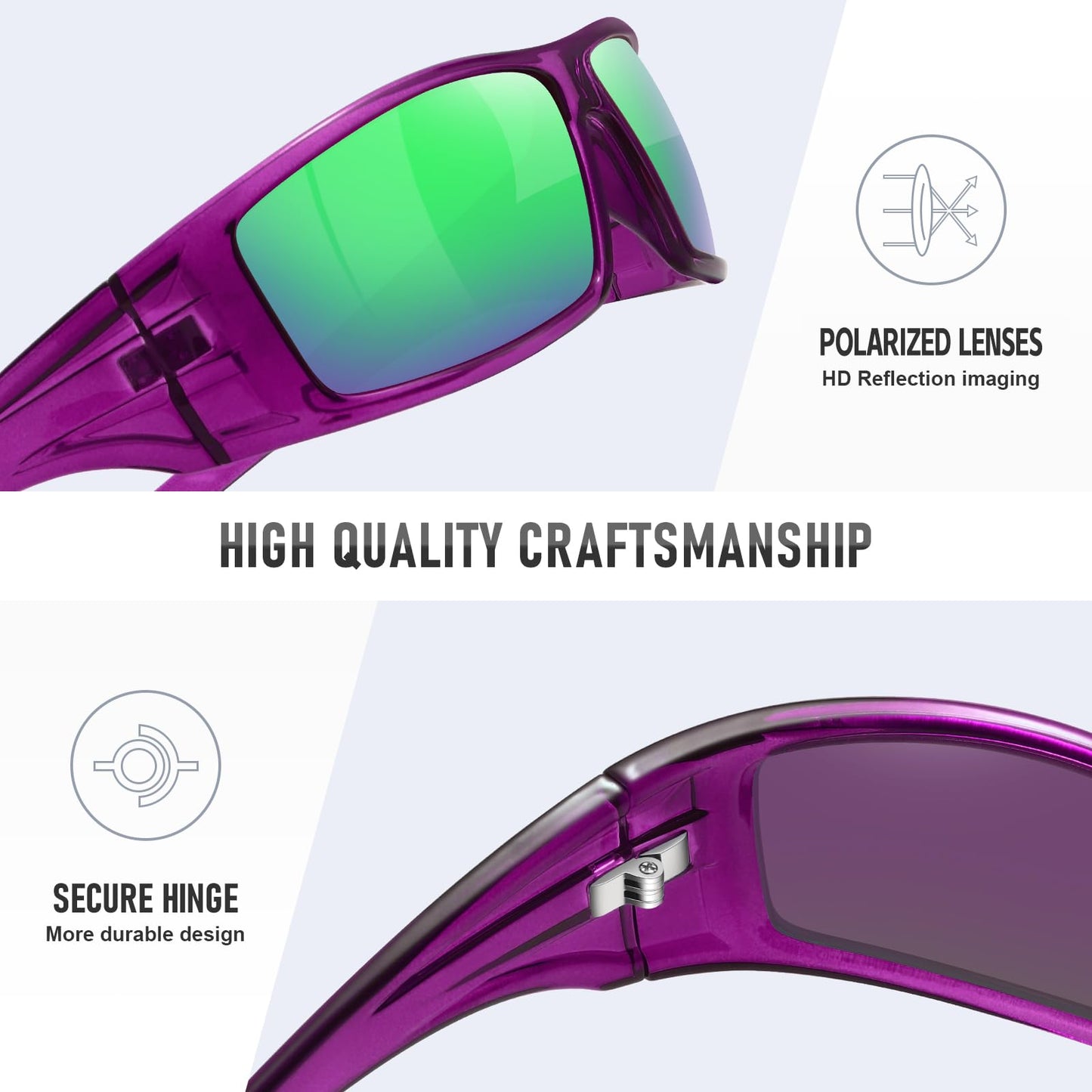 Ofwin Polarized Sports Sunglasses for Men Women Unbreakable Frame Cycling Fishing Wrap Around Sunglasses UV400 Protection 1-Clear Purple/Green Mirror Lens