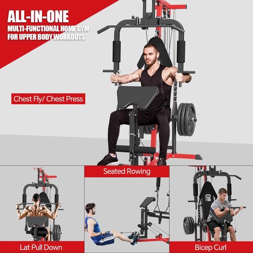 FAGUS H Home Gym Workout Station, All in One Home Gym System with Leg Extension, Leg Press and Full Body Exercise Accessories, Multi-Function Adjustable Plate Loaded Strength Training Machine, Red