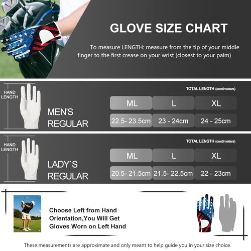 GOLTERS Golf Gloves for Men and Women Left Hand for Right Handed Golfer The American Flag Printing Synthetic Leather Lycra Fiber Adjustable Closure (Men's USA Flag Golf Gloves, Large)