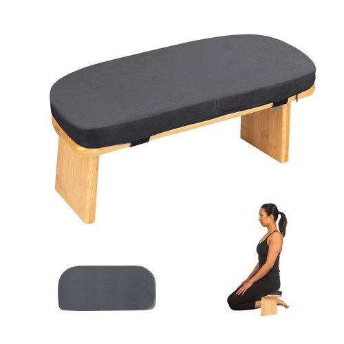 Meditation Bench with Cushion Foldable Ergonomic Bamboo Kneeling Stool Seiza Bench Wooden Meditation Stool Chair Zen Lotus Yoga Stool Floor Sitting Prayer Bench Removable Pillow-Dark Grey