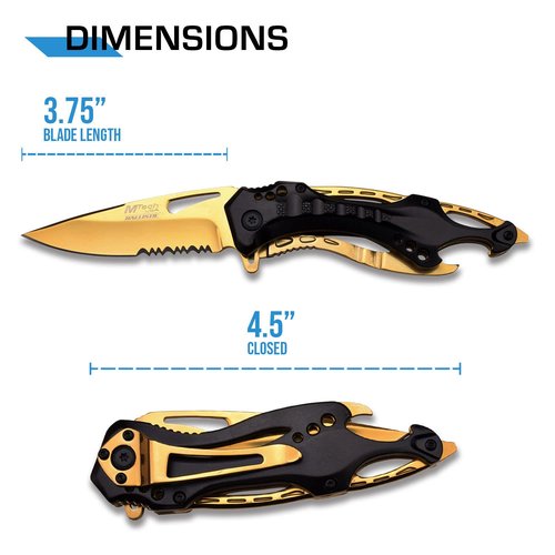 MTECH USA Folding Knife, 3.75-Inch Half-Serrated Blade, Titanium Coating, Glass Breaker, Pocket Clip (Black Gold)