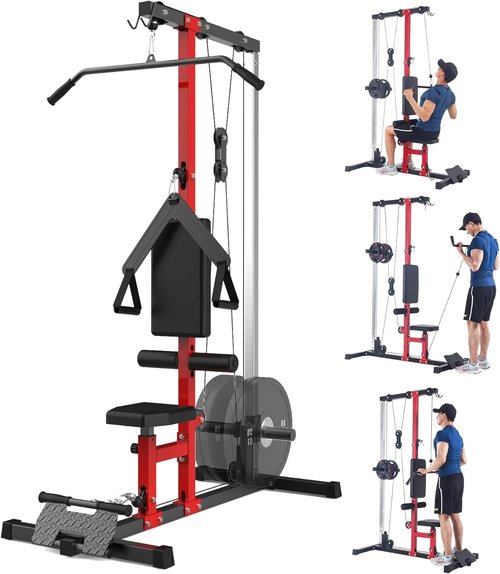 LAT Pulldown Machines - Floor Standing Cable Workout Machine 400Lbs Weight Capacity, Dual Pulley System, 20 Height Adjustments, Cable Machine Home Gym for Full Body Workout(Red)