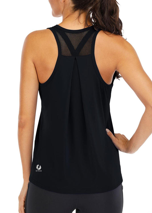 ICTIVE Workout Tops for Women Loose Fit Racerback Mesh Backless Muscle Tank Athletic Exercise Gym Shirts Black L