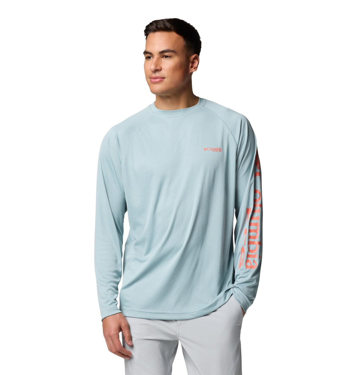 Columbia Men's PFG Terminal Tackle Long Sleeve Fishing Shirt, Crushed Blue/Faded Peach Logo, Small