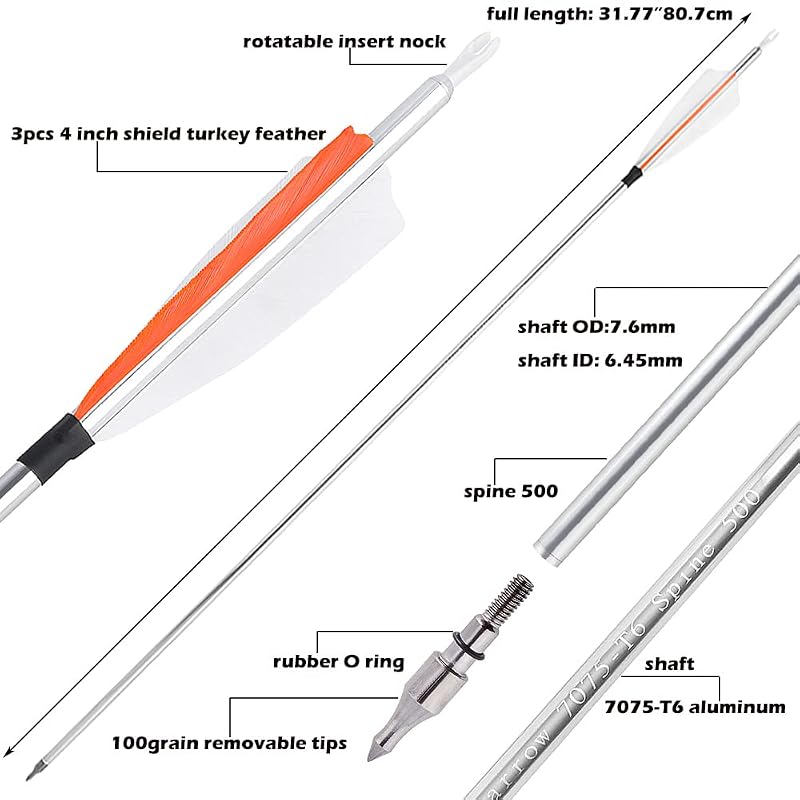 31in Aluminum Archery Arrows 500 Spine with Removable 100gr Tips, Turkey Feather Fletching - 6/12 Pack (Variation: Yellow)