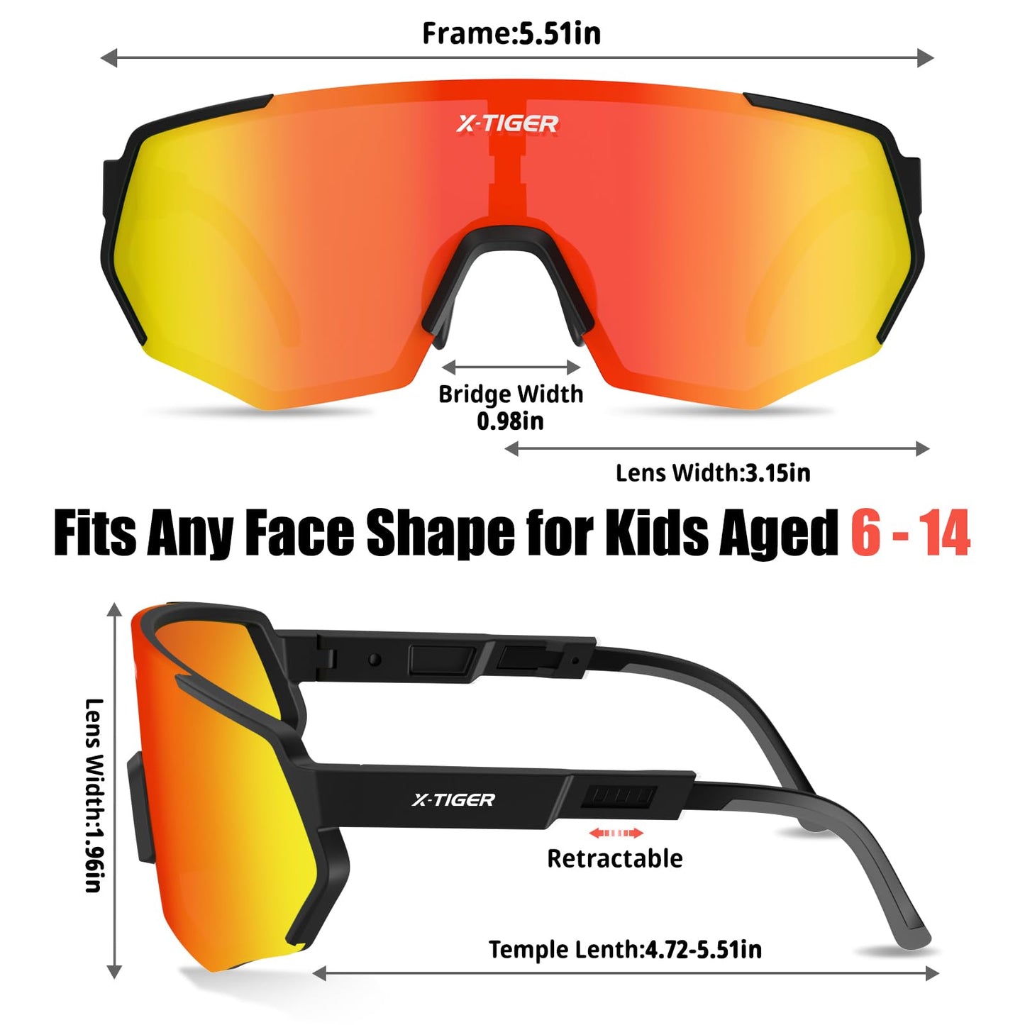 X-TIGER Polarized Youth Baseball Sunglasses UV400 Kids Sunglasses Boys Girls 8-12 Youth for Softball Cycling Sports Glasses