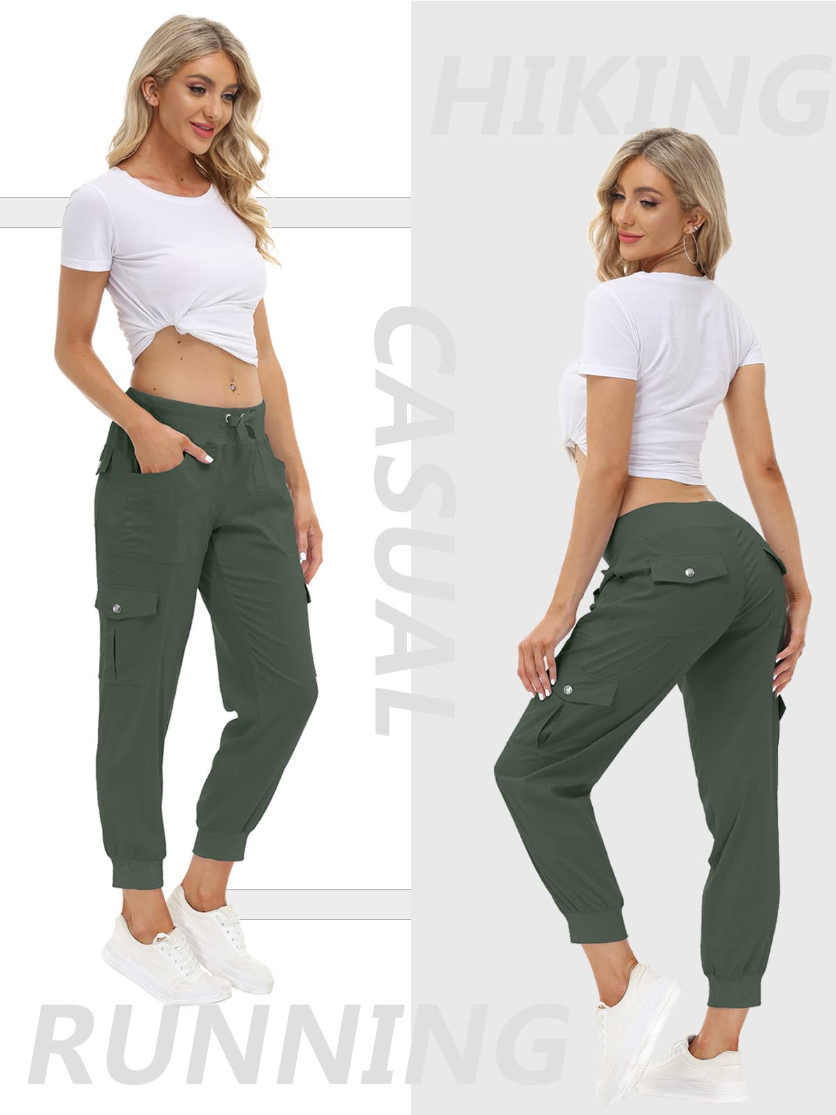 MoFiz Women's Hiking Pants Cargo Joggers Sweatpants with Pockets Lightweight Quick Dry Outdoor Summer Casual Athletic Elastic Waist Army Green S