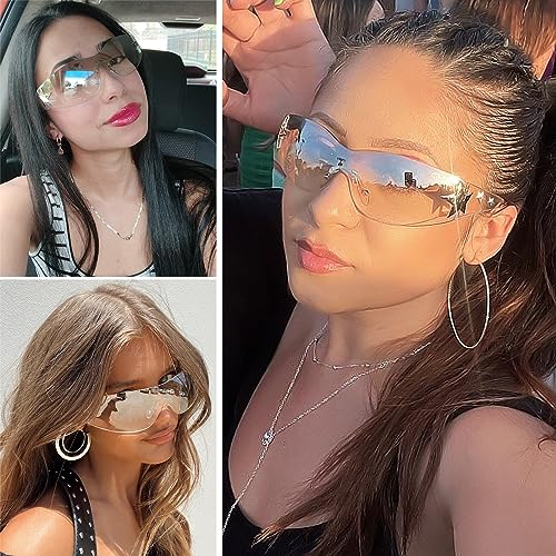 Rimless Y2K Sunglasses Star Wrap Around Glasses 2000S Accessories for Women Men Trendy Fashion Cool Shield Shades