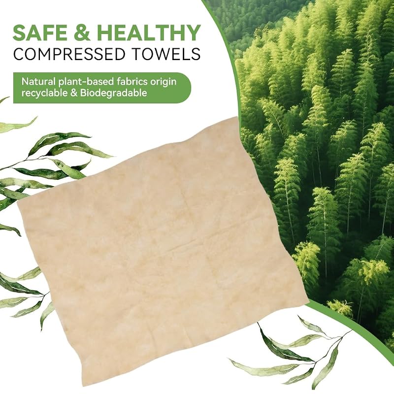 Brown-100-Pack Compressed Bamboo Towel Tablets with Metal Case for Camping