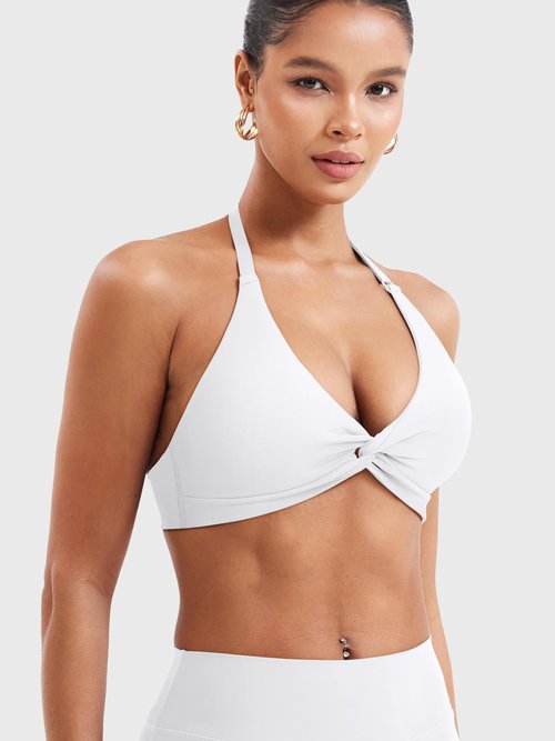 YEOREO Halter Sports Bras for Women Low Impact Removable Padded Adgustable Front Twist Deep V Bra Seamless Workout Gym Crop Tops White M