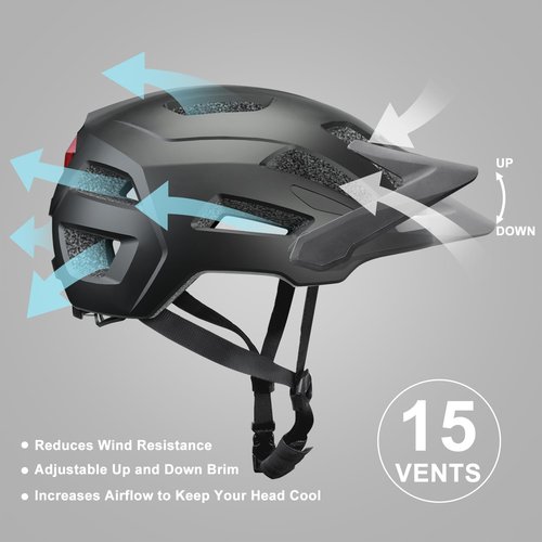 Bike Helmet, Helmets for Adults Men, Front and Back LED Lights Safe Certified MTB Road Bicycle Helmet with Adjustable Brim