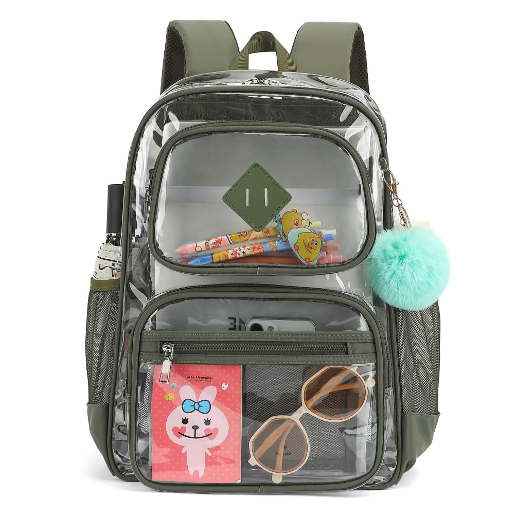 Heavy Duty Clear Backpack for Girls Boys Transparent School Bookbag Kids Durable PVC See Through Backpack-Army Green