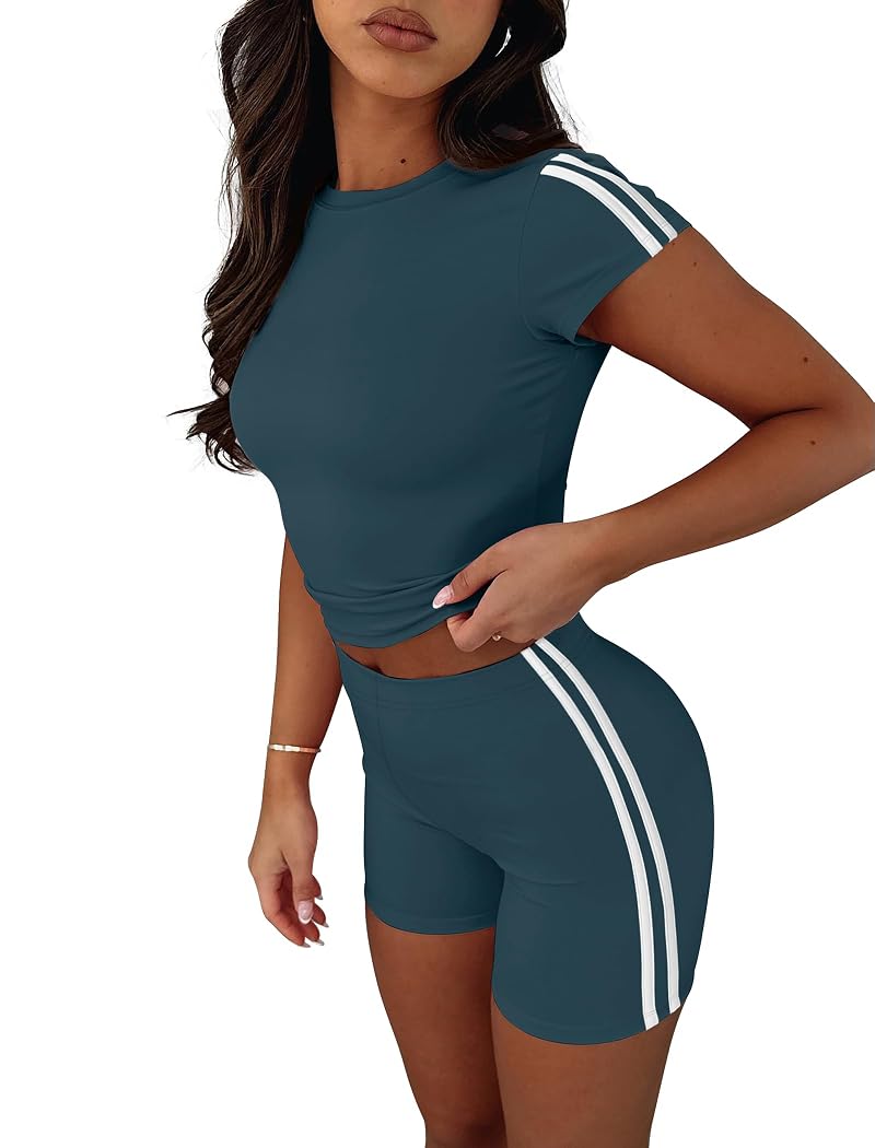 NIASHOT Blue Two-Piece Lounge Set - Contrast Side Stripes, High-Waisted Shorts, XS-2XL