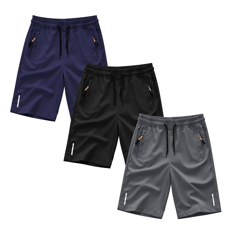 Quick-Dry Athletic Boys Shorts with Zipper Pockets - 13-14 Years (Dark Grey/Black/Navy)