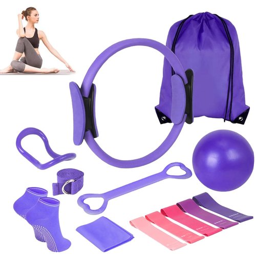 Pilates Essentials Kit for Women Set of 13-13-Piece Home Pilates Equipment Set, Includes Pilates Ring, Resistance Bands, Yoga Ball - Accessories for Home Fitness Workouts & Beginners (Purple)