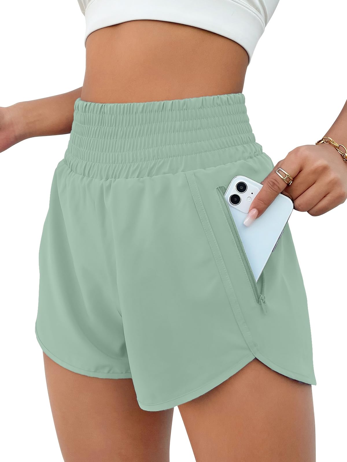 BMJL Women's Athletic Shorts High Waisted Running Short Pocket 2.6" Sporty Shorts Gym Elastic Workout Shorts(L,Pale Green)