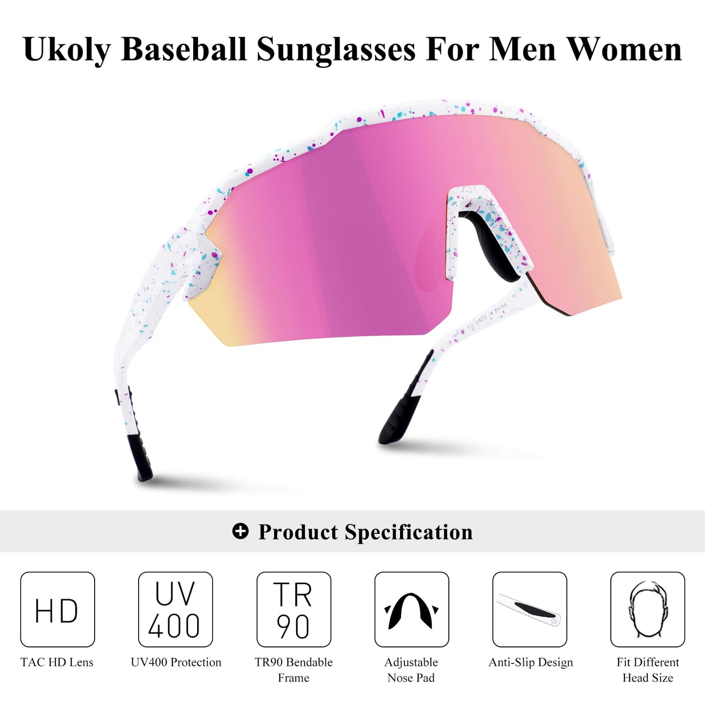 Ukoly Baseball Sunglasses For Men Women,Sports Sunglasses For Baseball Running Cycling UV400 protection TR90 Frame 615 (Pink)