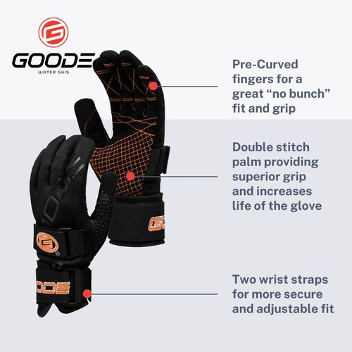 Goode 43 Pro Water Ski Gloves – Pre-Curved Finger Design, Double Stitched Amara Palm for Superior Grip and Durability, Dual Wrist Straps, Pull-Up Strap, Embroidered Logos, Performance Fit - Large