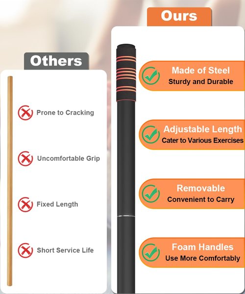 Queension 5 ft Yoga Stick Sturdy Steel, Portable Mobility Stick with Non-Slip Handle for Posture Correction, Balance, Physical Therapy, Exercise Stick with 4 Steel Rods for Stretching, Flexibility
