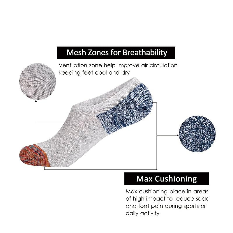 Joynée Men's 6 Pack No-Show Socks with Silicone Grips, 81% Cotton Grey (6 Pairs)