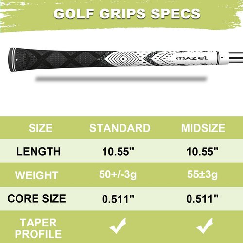 MAZEL Cord Rubber Golf Grips for Men - 10 Pack,All Weather Control Golf Club Grips Standard/Midsize,High Feedback & Traction (Midsize, White Black,10 Grips)