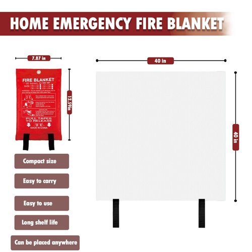 MDH Fire Blanket 40x40 Inches Fiberglass w/Gloves Hooks Whistle - Fireproof Safety for Home, Kitchen, Restaurant, House - Fire Suppression Reusable (Fire Blanket 4-Pack)