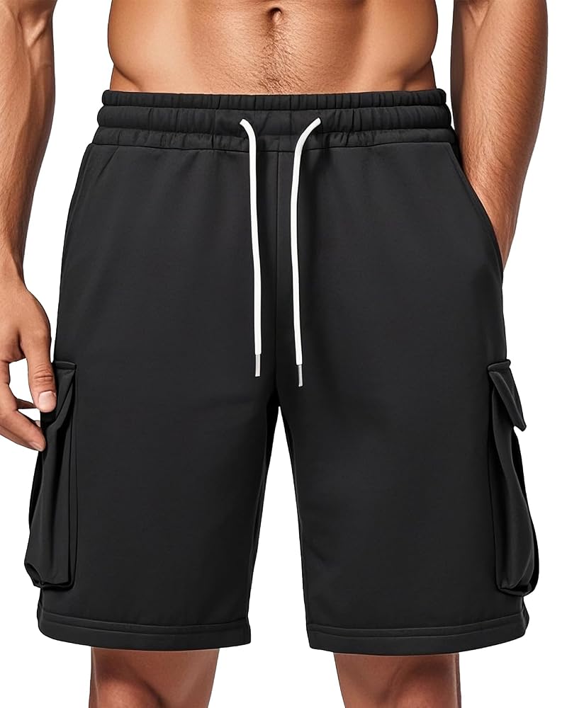 A Waterwang Men's Cargo Sweat Shorts - Black, Large | Lightweight, 4-Pocket Jogger