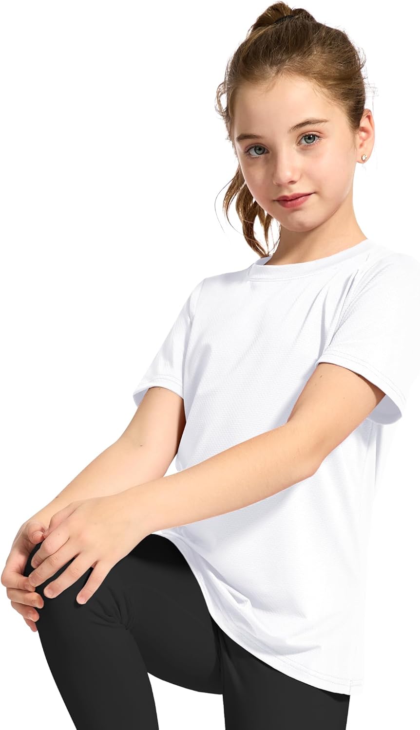 KEREDA Girls Athletic Shirts Quick Dry Short Sleeve Crew Neck T Shirts, Summer UPF 50+ Tee Tops for Teen Girls 3 Pack
