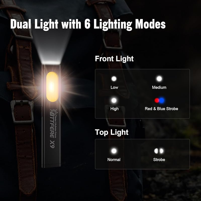 2 Pack Pocket Flashlight EDC Clip Light with Magnetic Base - 675 Lumen USB-C Rechargeable Slim Flat IPX4 - Black