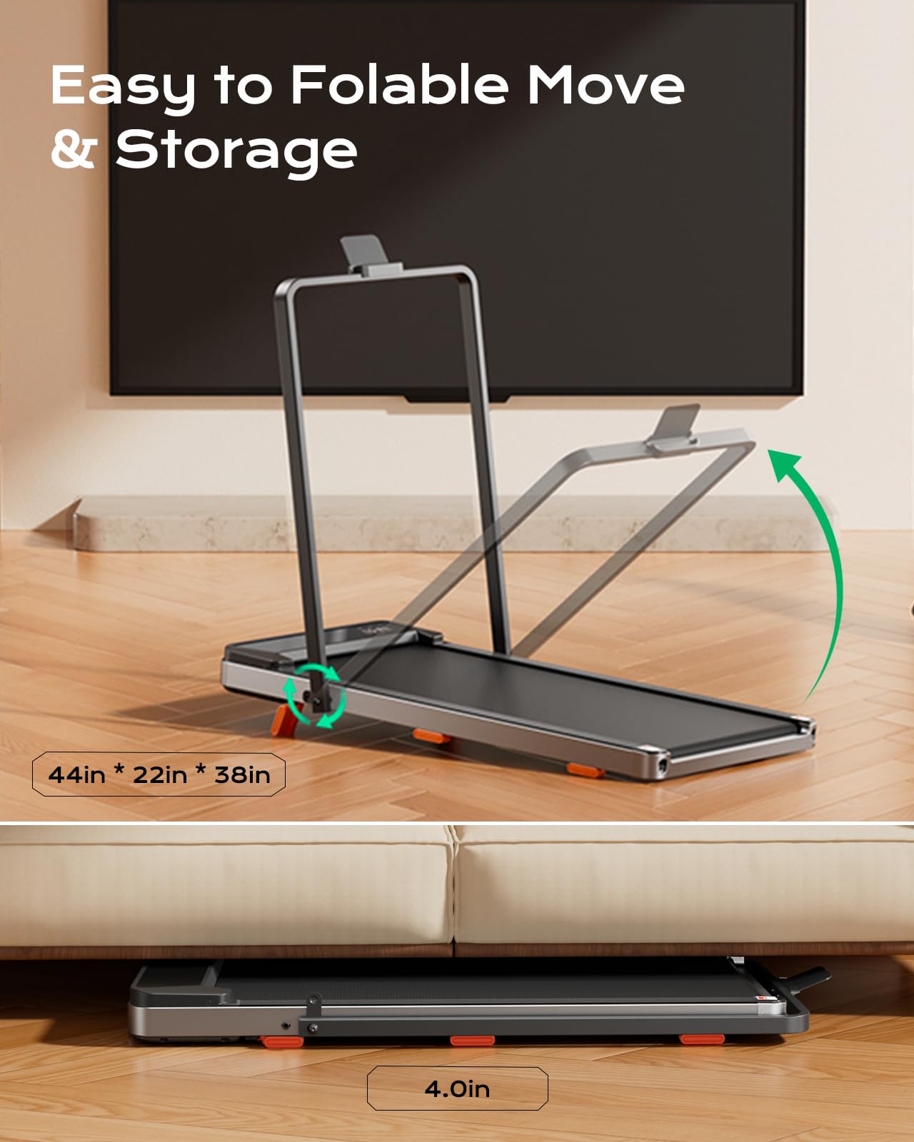 TREAFLOW Walking Pad with Incline, Foldable Treadmill with Handrail for Home Office, Portable Walking Machine, Low Noise, LED Display, 6.2 MPH