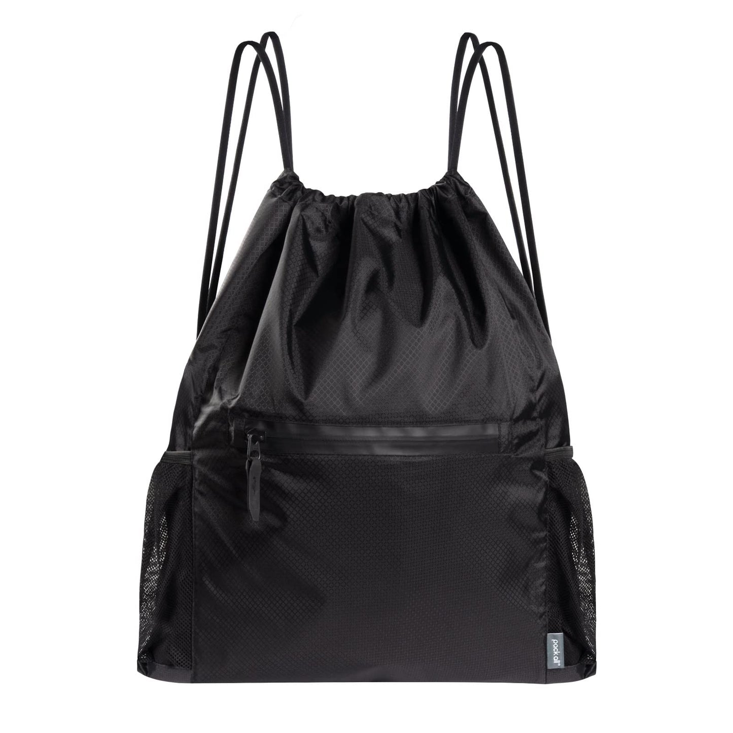 pack all Drawstring Bag Backpack, Water-Resistant Sports Gym Sack Bag, Lightweight Training String Bag with Waterproof Zipper Pocket and Water Bottle Holder(Black)