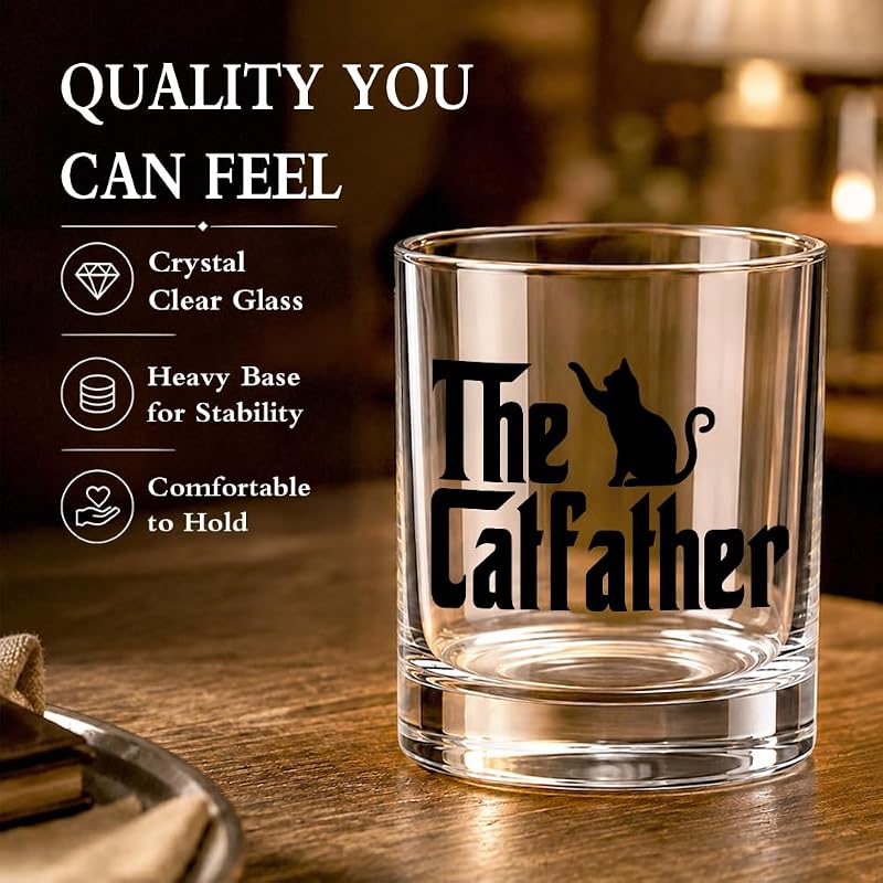 The Catfather Whiskey Glass - Funny Cat Dad Gift - Transparent 11 oz - Variation: The Catfather