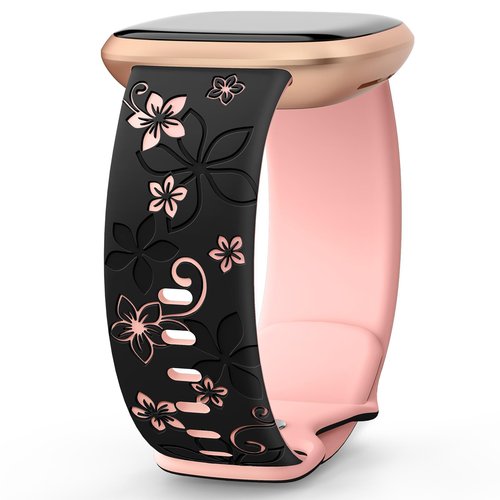 OHOTLOVE Floral Engraved Bands Compatible for Fitbit Sense Bands/Fitbit Versa 3 Bands Women/Fitbit Versa 4 Bands/Sense 2 Bands,Soft Cute Two-Tone Flower Sport Watch Strap Replacement Wristbands.A