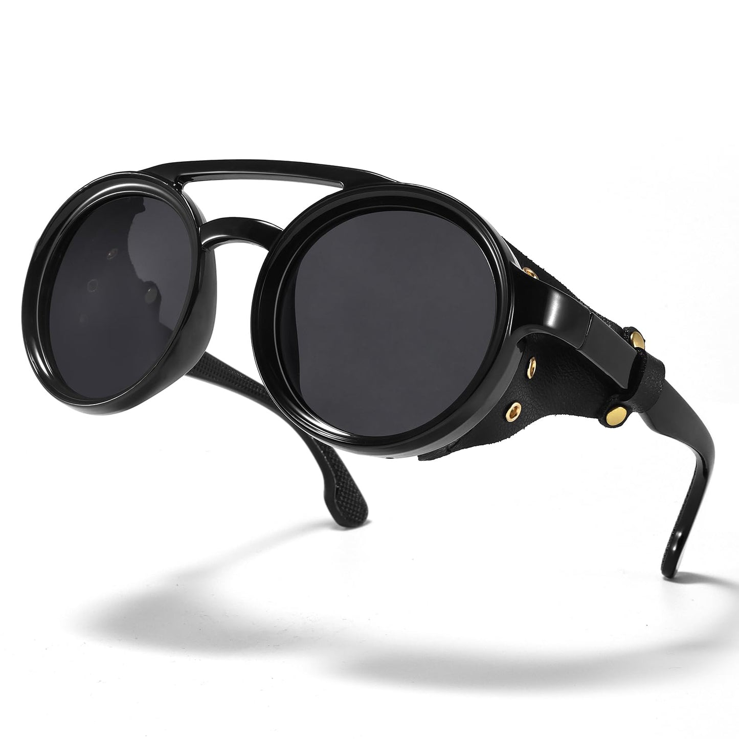 MUDIWRLO Polarized Round Steampunk Sunglasses with Leather Side Double Bridge Shield Retro Eyewear for Men Women(Black)