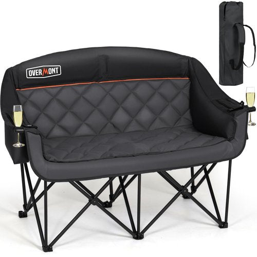 Overmont Oversized Double Camping Chair - 2 Person Comfort Couch Chair Loveseat for Adults - Heavy Duty Lawn Chairs with Cooling Bag&Wine Racks - Support 850LBS Black